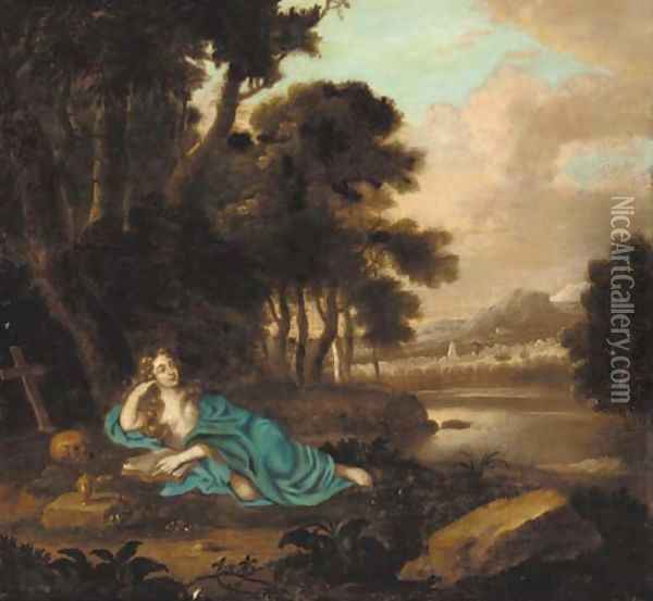The penitent Magdalene reclining in a landscape Oil Painting - Henri Gascars