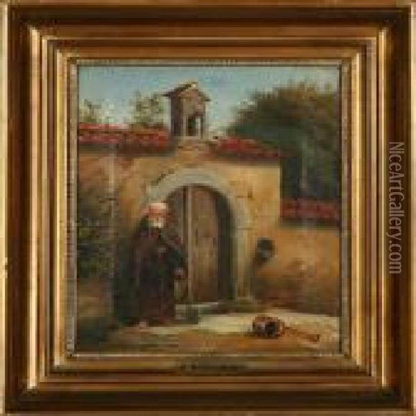 A Monk At A Port Oil Painting - Christian Andreas Schleisner