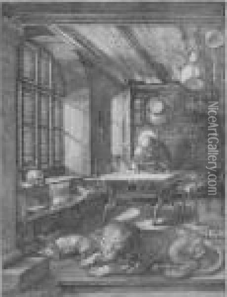 St Jerome In His Study (b. 60; M., Holl. 59) Oil Painting - Albrecht Durer