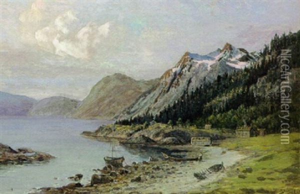 Bygd Ved En Norsk Fjord Oil Painting - Zackarais Martin Aagaard