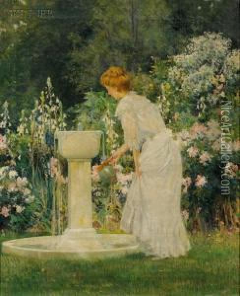 At The Garden Fountain Oil Painting - Francis Coates Jones