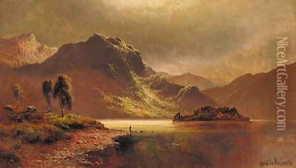 'The Silver Strand', Loch Katrine by moonlight Oil Painting - Alfred de Breanski