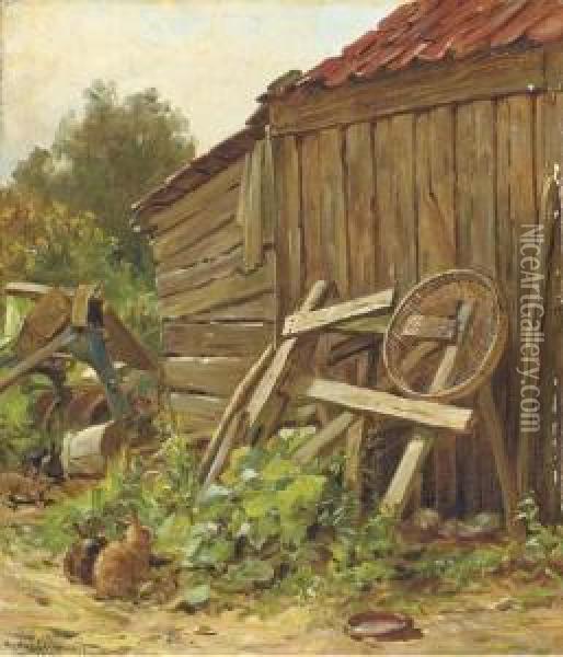 Rabbits Beside A Barn Oil Painting - Hector Chalmers