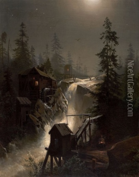 Moon Glow, Cascades Oil Painting - Hermann Herzog