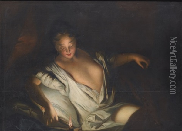 Lady With An Open Decollete Reclining On A Bed, Lighting A Candle Oil Painting - Jean-Baptiste Santerre