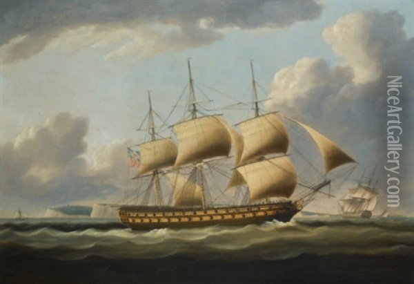 A Royal Navy Fourth-rate Ship Of The Line Heading Up To Anchor In The Downs Off Deal, Kent Oil Painting - Thomas Buttersworth