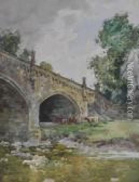 Cattlenear A Bridge Over A River Oil Painting - William Tatton Winter