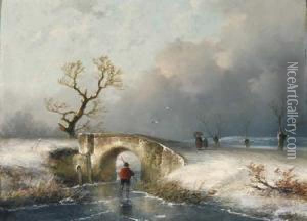 Winterlandschaftmit Brucke Und Figurenstaffage Oil Painting - Johannes Franciscus Hoppenbrouwers