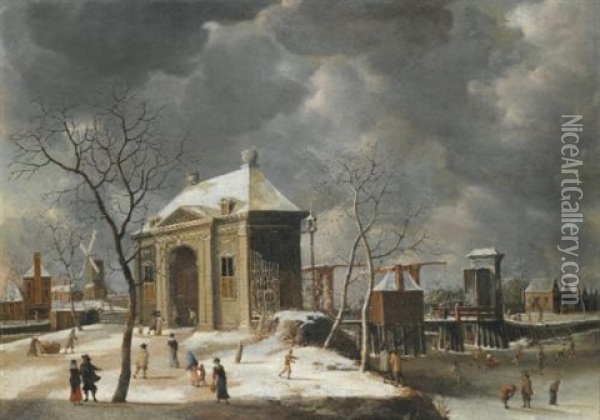 Amsterdam, A View Of The Heiligewegspoort From The North-west, With Skaters On A Frozen Canal Oil Painting - Jan Abrahamsz. Beerstraten