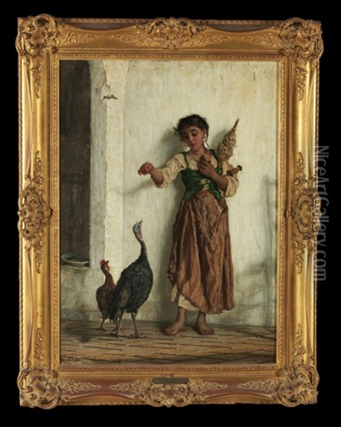 Feeding The Turkeys Oil Painting - Adriano Bonifazi