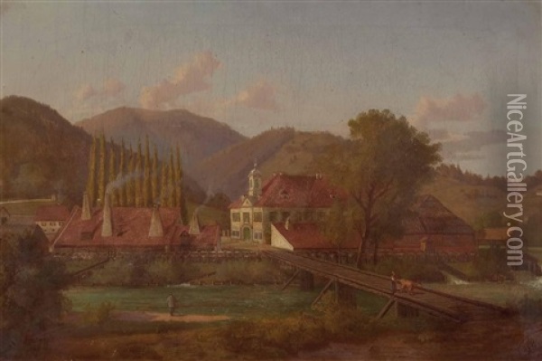 Fabriksgelande An Einem Fluss Oil Painting - Josef von Schloegl