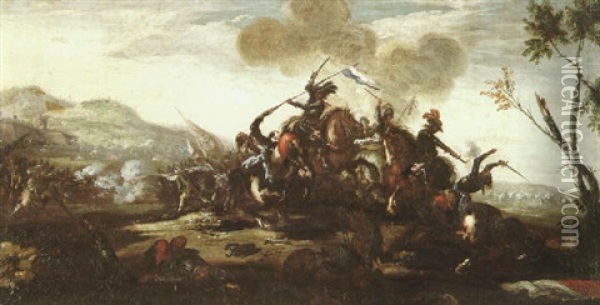 Mounted Figures In A Battle Skirmish With Infantry Soldiers Beyond Oil Painting - Jacques Courtois