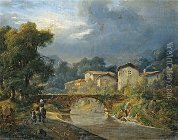 Riverbank With Figures Oil Painting - Francois Joseph Dupressoir
