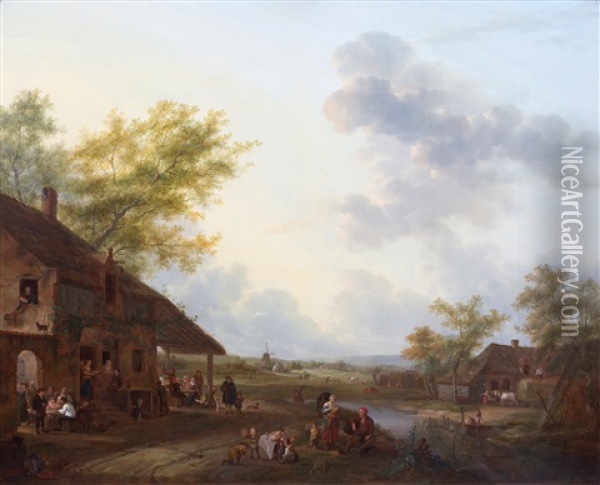 Rural Village Scene With Numerous Figures At An Inn Oil Painting - Petrus Johann Van Regemorter