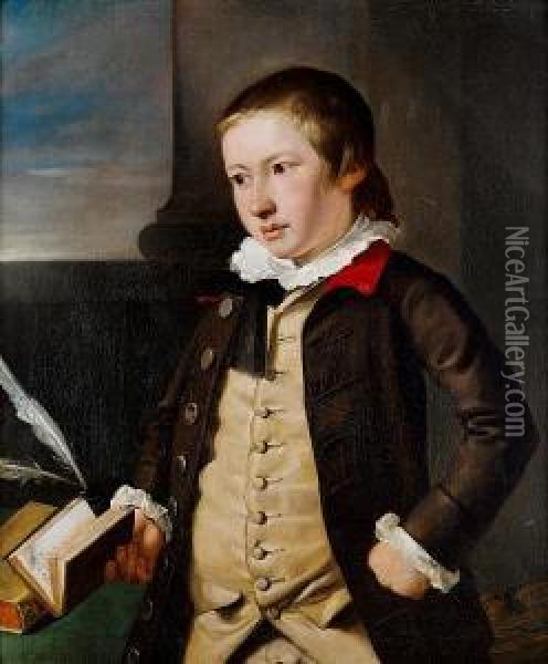 Portrait Of A Boy, Said To Be 
Master Pelham,three-quarter-length, In A Brown Coat And Buff Waistcoat, 
Holding Abook Beside A Writing Desk Oil Painting - John Singleton Copley