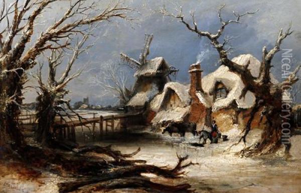 Winter Landscape With Figures Before A Cottage And Windmill In Snow Oil Painting - Charles Brooke Branwhite