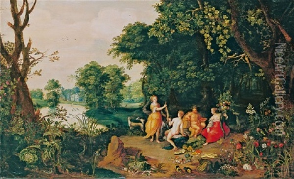 Waldlandschaft Mit Bacchus Und Drei Gottinnen Oil Painting - Jan Brueghel the Elder