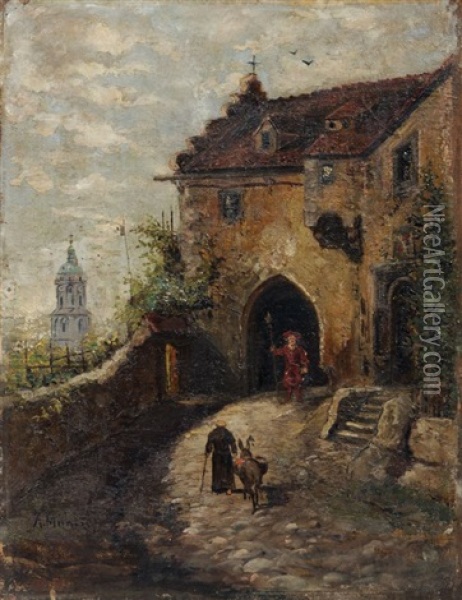 Bewachtes Tor In Meisen Mit Blick Auf Den Frauenkirchturm Oil Painting - Albert Ernst Muehlig