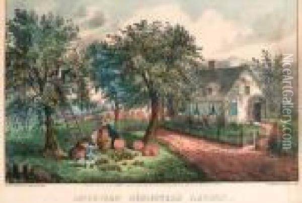 American Homestead, Spring, Summer, Autumn, Winter Oil Painting - Currier & Ives Publishers