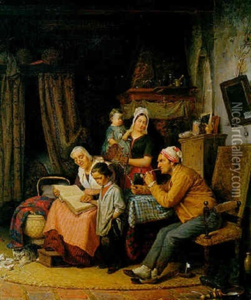 Lesen Lernen. Eine Familienidylle Oil Painting - Eduard Karl Gustav Lebrecht Pistorius