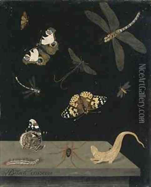 Scagolia panel with insects and a salamander Oil Painting - Hendrik Busch