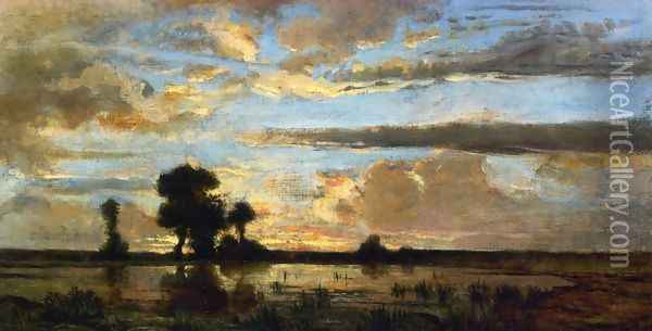 Sunset Oil Painting - Etienne-Pierre Theodore Rousseau