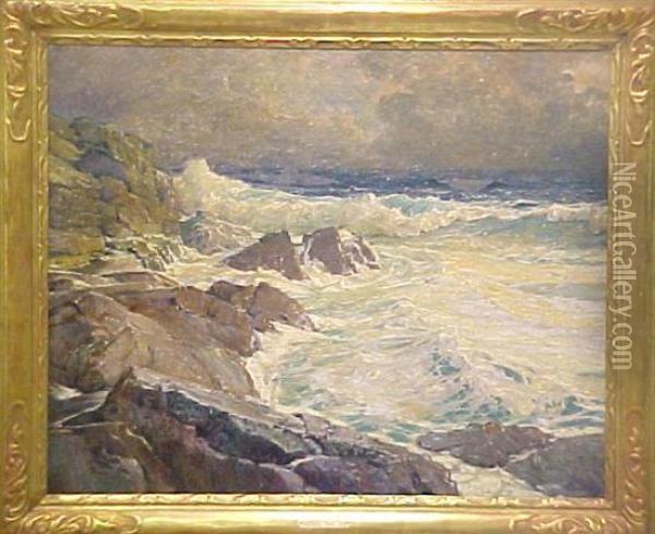 Marine Scene With Waves Crashing On Rocky Shoreline Oil Painting - Frederick Judd Waugh