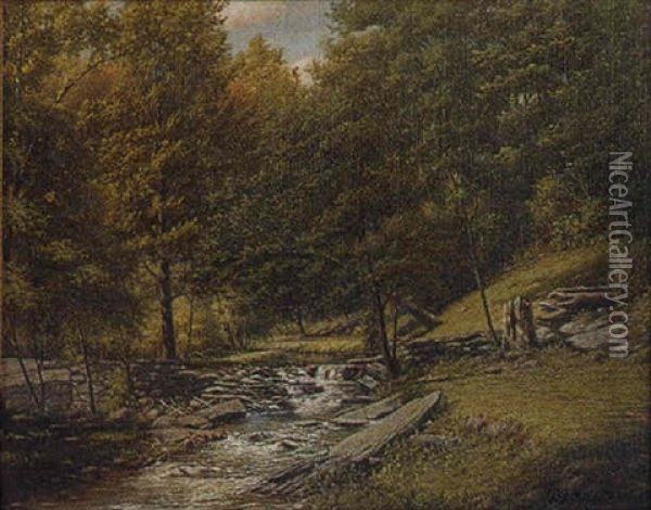 Landscape Of A Stream, Surrounding Trees And Stone Walls Oil Painting - George Cope