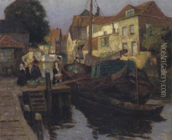Gracht In Einer Hollandischen Stadt Oil Painting - Carl (Karl, Charles) O'Lynch of Town