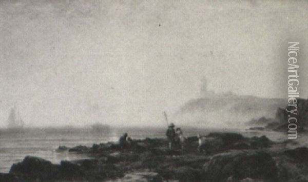 Children Crabbing Near Montauk Point Lighthouse Oil Painting - Edward Moran