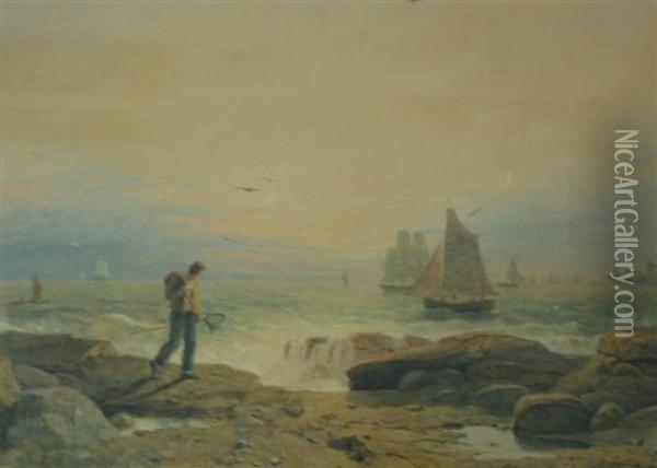 Rocky Beach With Fisherman,various Sailing Vessels In The Water Oil Painting - Anthony Vandyke Copley Fielding