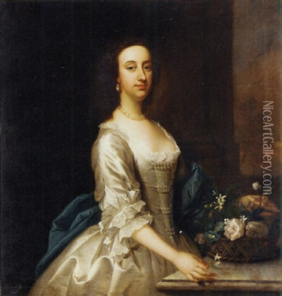 Portrait Of A Lady In A White Satin Dress And Blue Shawl, Standing By A Ledge With A Basket Of Flowers Oil Painting - Thomas Hudson