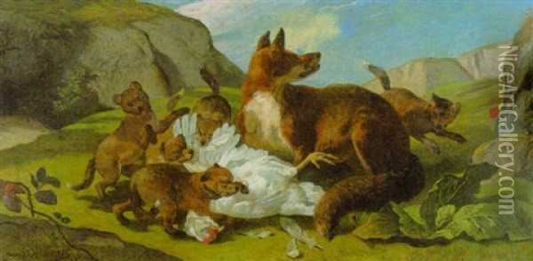 Fuchse, Die Ein Huhn Reissen Oil Painting - Nikolas Moreau