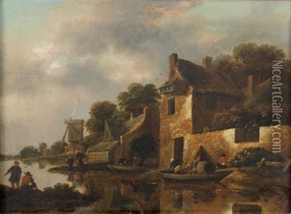Paysans En Barque Dans Un Village Oil Painting - Nicolaes Molenaer