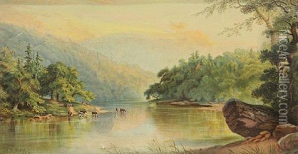 River Scene With Cattle Watering Oil Painting - John Ross Key