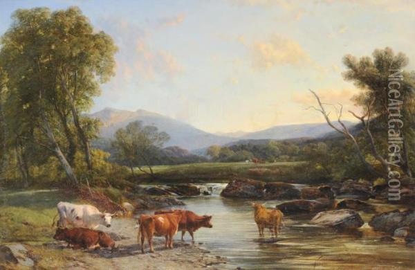 Cattle Beside A River With A Lakeland Landscape Beyond Oil Painting - Henry Brittan Willis