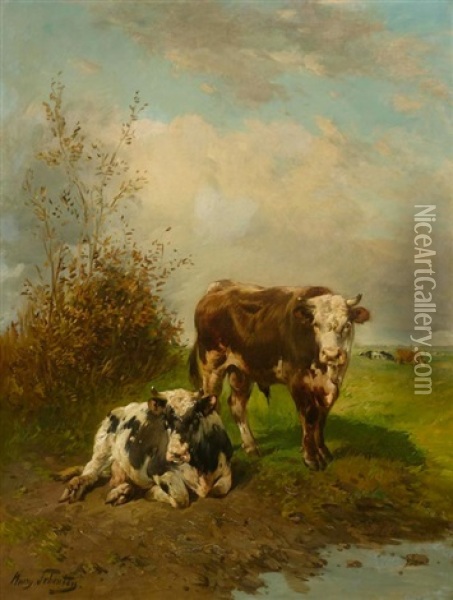 Bulle Und Milchkuh Am Wasser Oil Painting - Paul Schouten