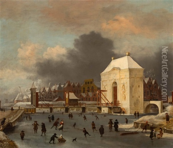 View Of The Frozen Singel And The Heiligewegspoort In Amsterdam Oil Painting - Jan van Kessel
