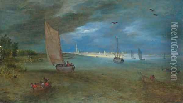 A view of the Scheldt with Antwerp beyond Oil Painting - Jan Brueghel the Younger