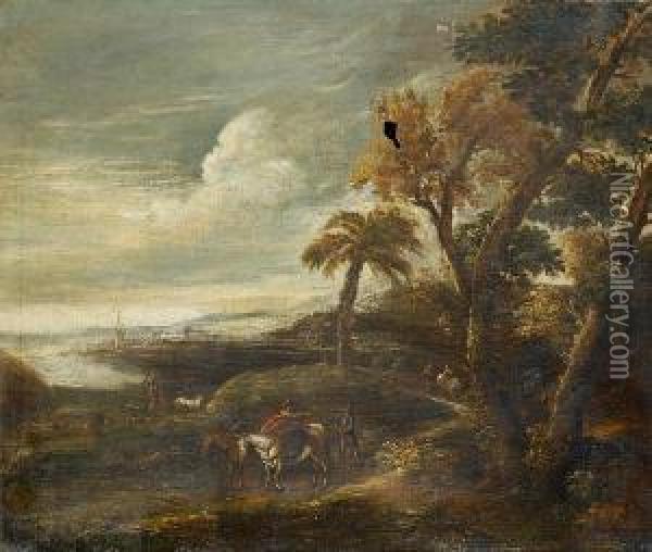 Travellers In A Coastal Landscape Oil Painting - Pietro Montanini