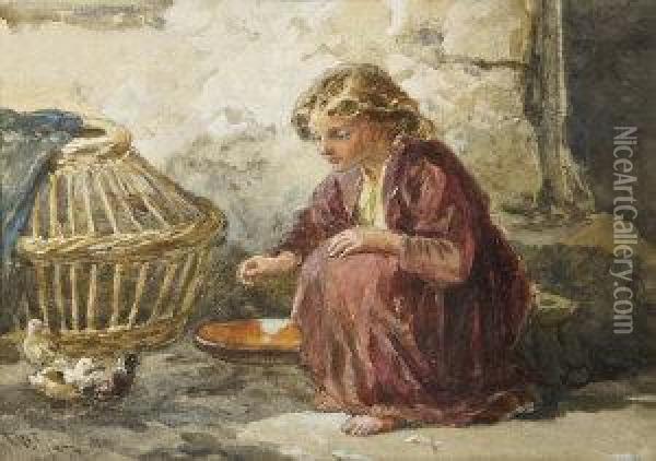 Young Girl Feeding Chicks Oil Painting - Francis William Topham