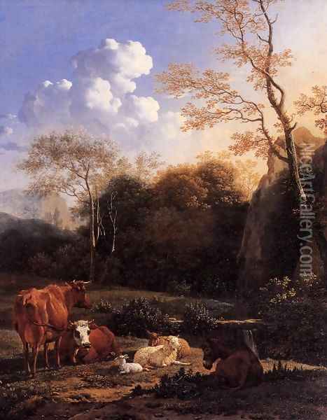 Cows and Sheep at a Stream Oil Painting - Karel Dujardin