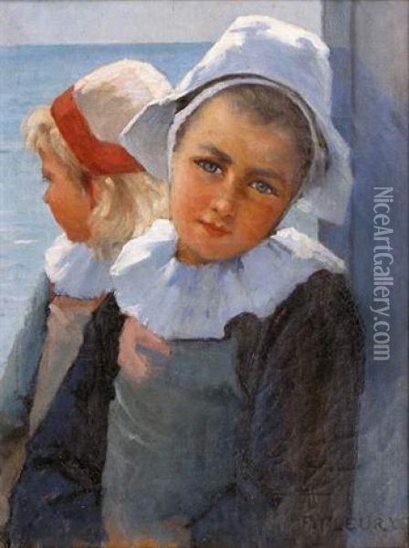 Deux Jeunes Bretonnes Devant La Mer Oil Painting - Fanny Laurent Fleury