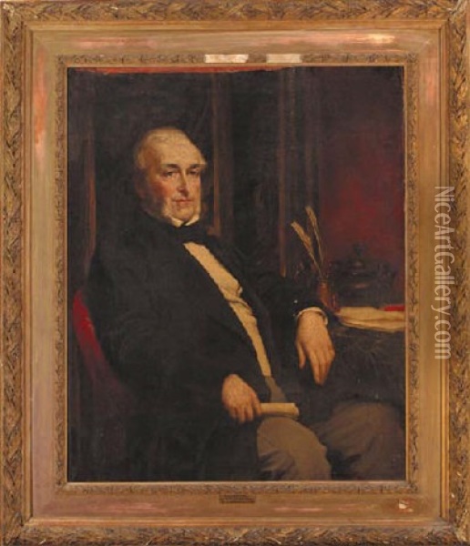 Portrait Of William Keppel, 6th Viscount Barrington In A Black Coat, Holding A Letter At A Desk Oil Painting - Lord Frederic Leighton