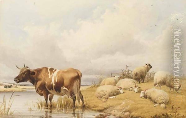 Cattle And Sheep Oil Painting - Thomas Sidney Cooper