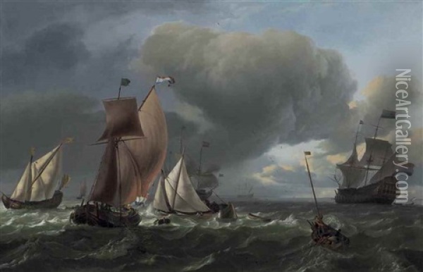 A Wijdschip, A Smalschip And A State Yacht Tacking, With Fishermen In A Pink Drawing In Their Nets In The Foreground, The Man-o