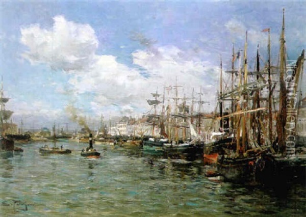 The View Of A Port Oil Painting - Edmond Marie Petitjean