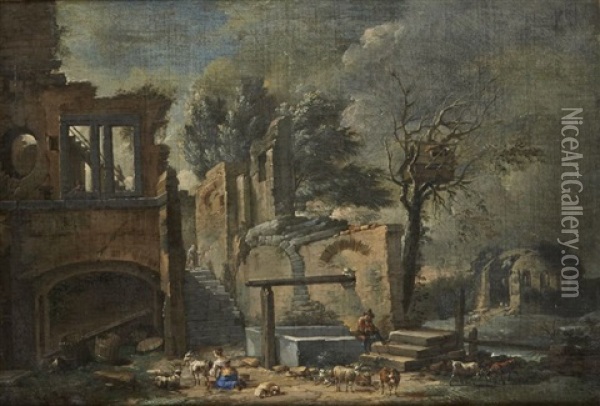 Bergere Et Berger Dans Des Ruines Oil Painting - Nicolas-Jacques Juliard