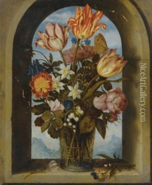 Still Life Of Tulips, Moss-roses, Lily-of-the-valley And Other Flowers In A Glass Beaker Set In An Arched Stone Window Opening, With A Distant Landscape Beyond Oil Painting - Ambrosius Bosschaert the Elder