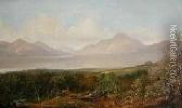 A Panoramic View Of A Loch, Deer In A Wooded Landscape In Theforegrou Oil Painting - Horatio McCulloch